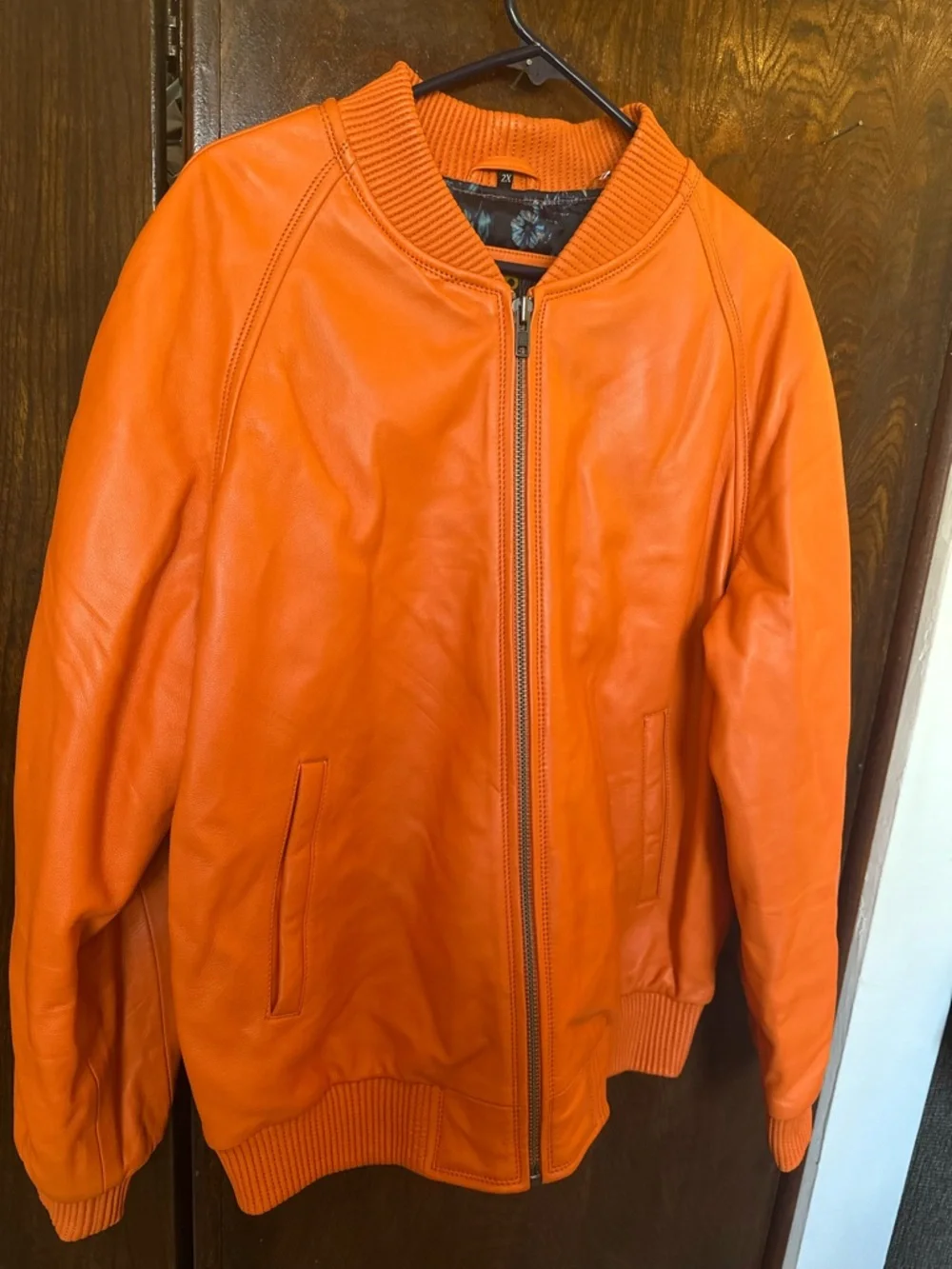 Jake Wood Men's Orange Lambskin Leather Zip-Up Bomber Varsity Jacket Size 2X - Picture 12 of 14
